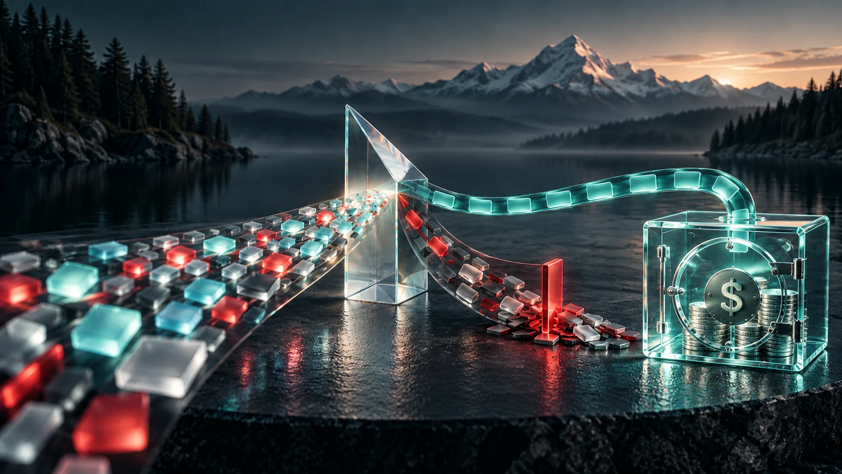 A prism filters excess red and gray search tiles into a blocked path while focused teal traffic leads to a glass vault of saved coins.